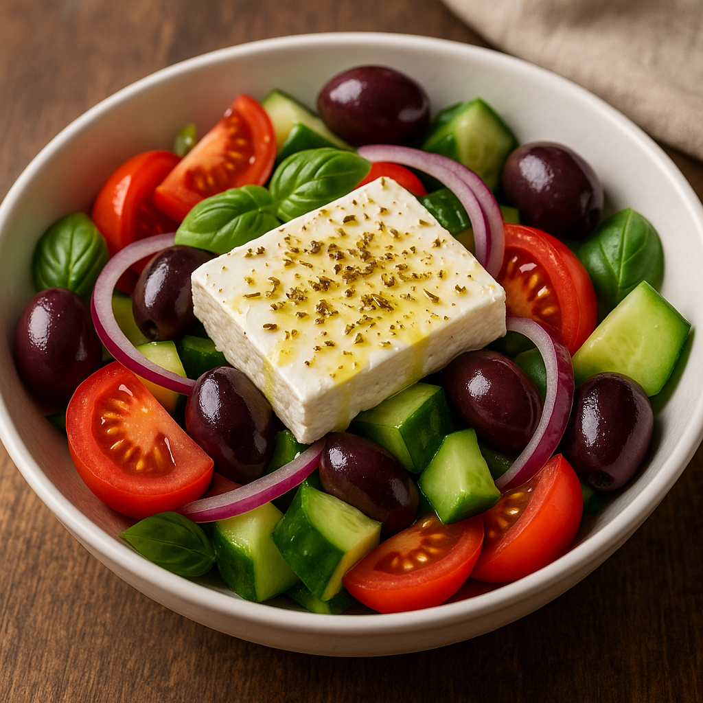 Греческий салат с сыром фета и оливковым маслом