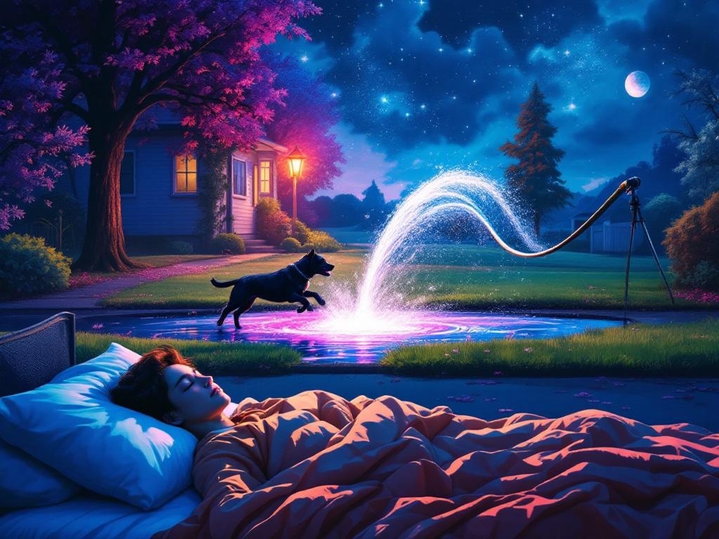   К чему такое снится: На картине изображена сцена на улице у дома. Черная собака бегает по траве, а рядом лежит шланг, из которого обильно течет вода, образуя лужу. На заднем плане виден