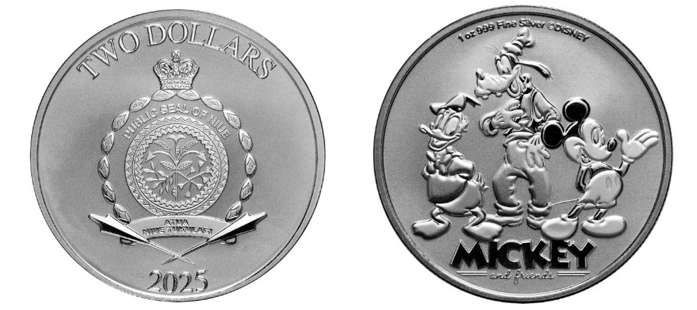    Аверс и реверс серебряной монеты Ниуэ 2025 года с героями Disney