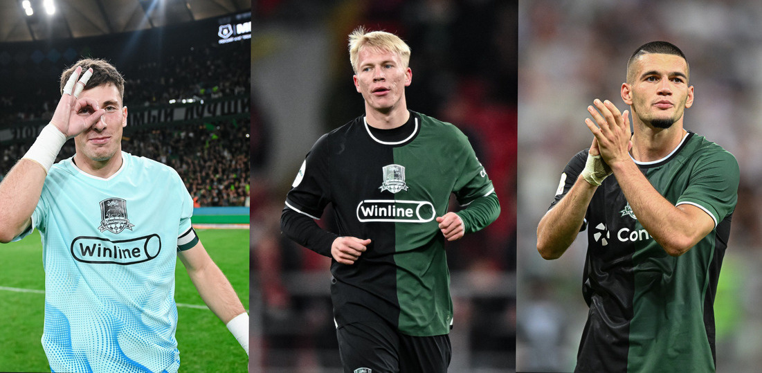     Слева направо: Вратарь ФК «Краснодар» Станислав Агкацев, полузащитник ФК «Краснодар» Никита Кривцов, полузащитник ФК «Краснодар» Александр Черников/t.me/fckrasnodar