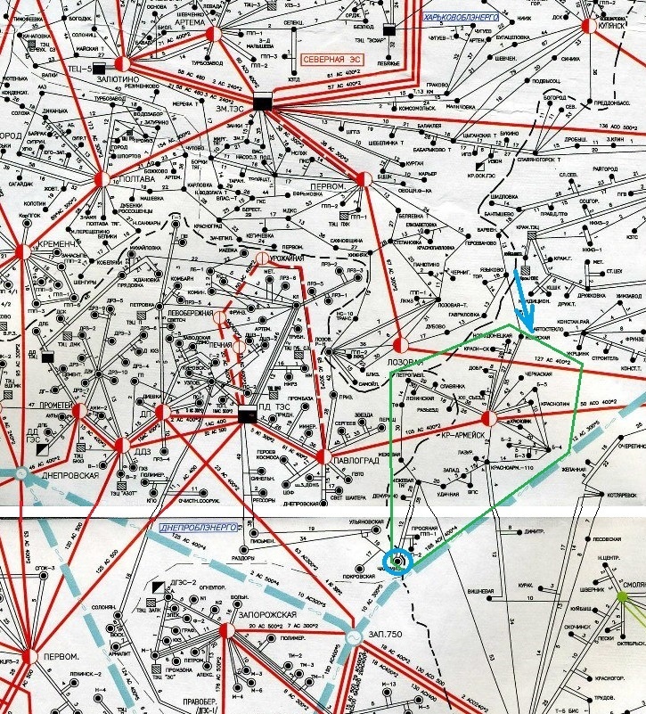 Район, снабжавшийся от ПС 330 кВ Белицкая (Красноармейск) обведён зелёным. Синяя стрелка – ВЛ 110 кВ Иверская – Языково, синим обведена ТПС 150/110 кВ Чаплино