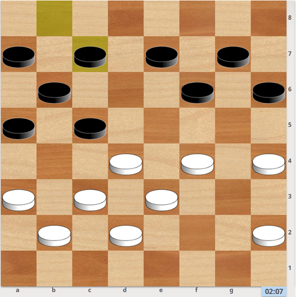 1. f4-g5 3. h6 e7-d6 4. h6xc5 b6xd4 5. c3xg7 a5-b4  0-2 