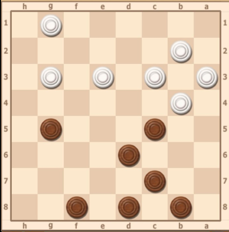 1...CB6 2.GF4 (2.H4 F4 3.A5) (2.ED4 3.GF4 ED2 4.E1 5.C3 E5 6.EF2 D4 7...D2) 3.A5 BC7 4.GF2 DE7 5.G3 F6 6. H4 E5X