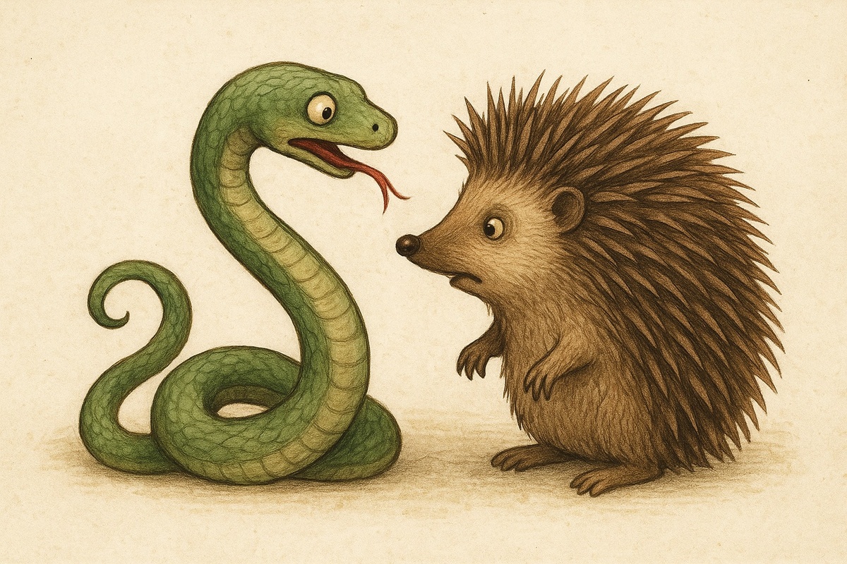 ИИ нарисовал мне такую картинку на запрос: "Как скрестить ежа и ужа?"