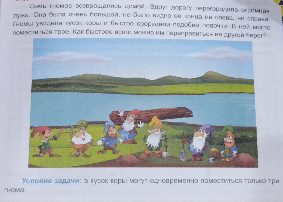Тренажёр в картинках.✍️ Семь гномов возвращались домой. Вдруг дорогу перегородила огромная лужа. Она была очень большой, не было видно её конца ни слева, ни справа. Гномы увидели кусок коры и быстро соорудили подобие лодочки. В ней могло поместиться трое. Как быстрее всего можно им переправиться на другой берег? 