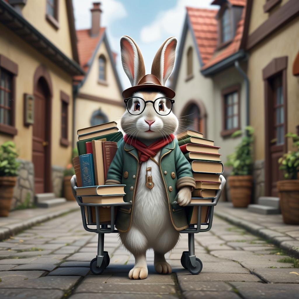 Кролик с тележкой книг