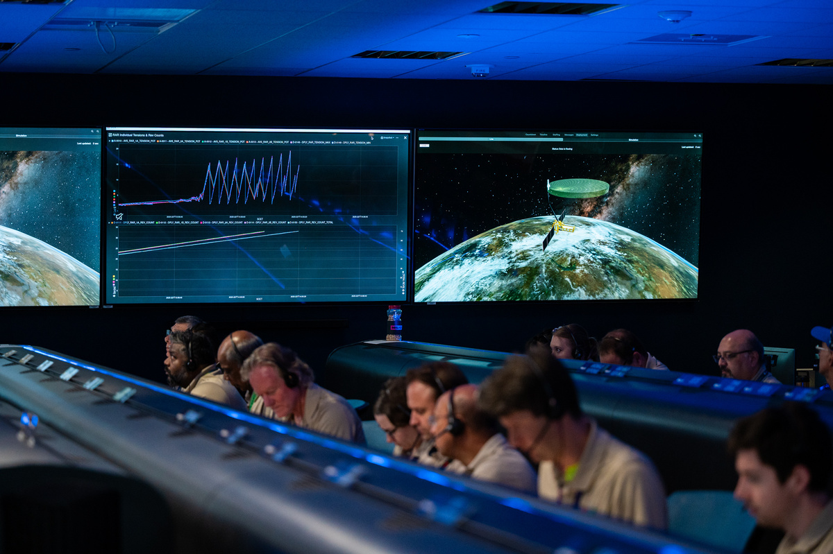 Члены команды NISAR из JPL вместе с коллегами из ISRO в Индии развернули отражатель антенны радара спутника. Изображенный на экране справа отражатель развернулся с 0,6 метра в поперечнике в походной конфигурации до своего полного размера,12 метров, за 37 минут. Источник: NASA/JPL-Caltech