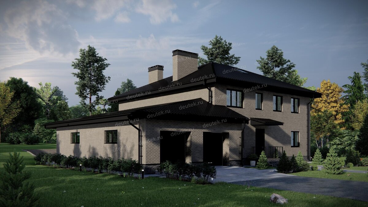 Проект двухэтажного дома 443 м2 с двухместным гаражом, кабинетом и террасой