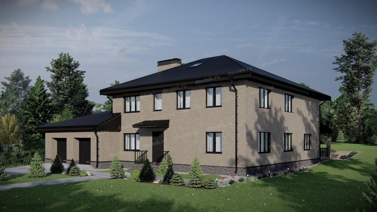 Проект двухэтажного дома 443 м2 с двухместным гаражом, кабинетом и террасой