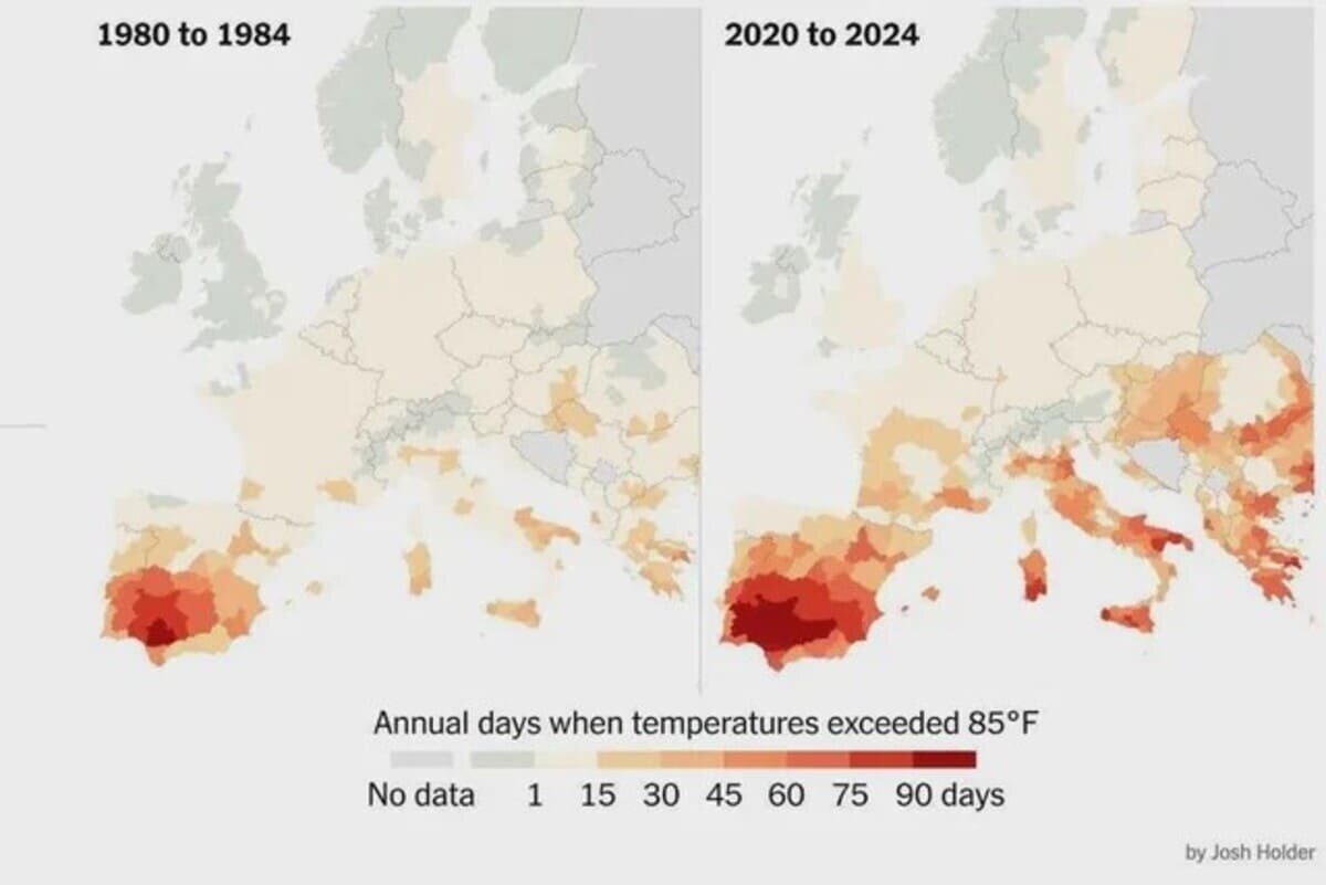    Количество дней в году, когда температура превышала 30 °C в Европе / © Josh Holder / ESA