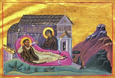 Явление Пресвятой Богородицы святому Роману Сладкопевцу. 11 в. Минологий Василия II.