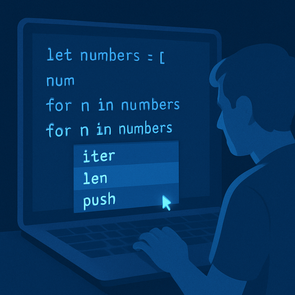На картинке изображён программист за компьютером, пишущий код. На экране видно автодополнение и подсветку синтаксиса, подчёркивающую идею «программирования слева направо», когда редактор помогает на каждом шаге. Атмосфера передаёт процесс сосредоточенной работы и удобства инструментов разработки.
