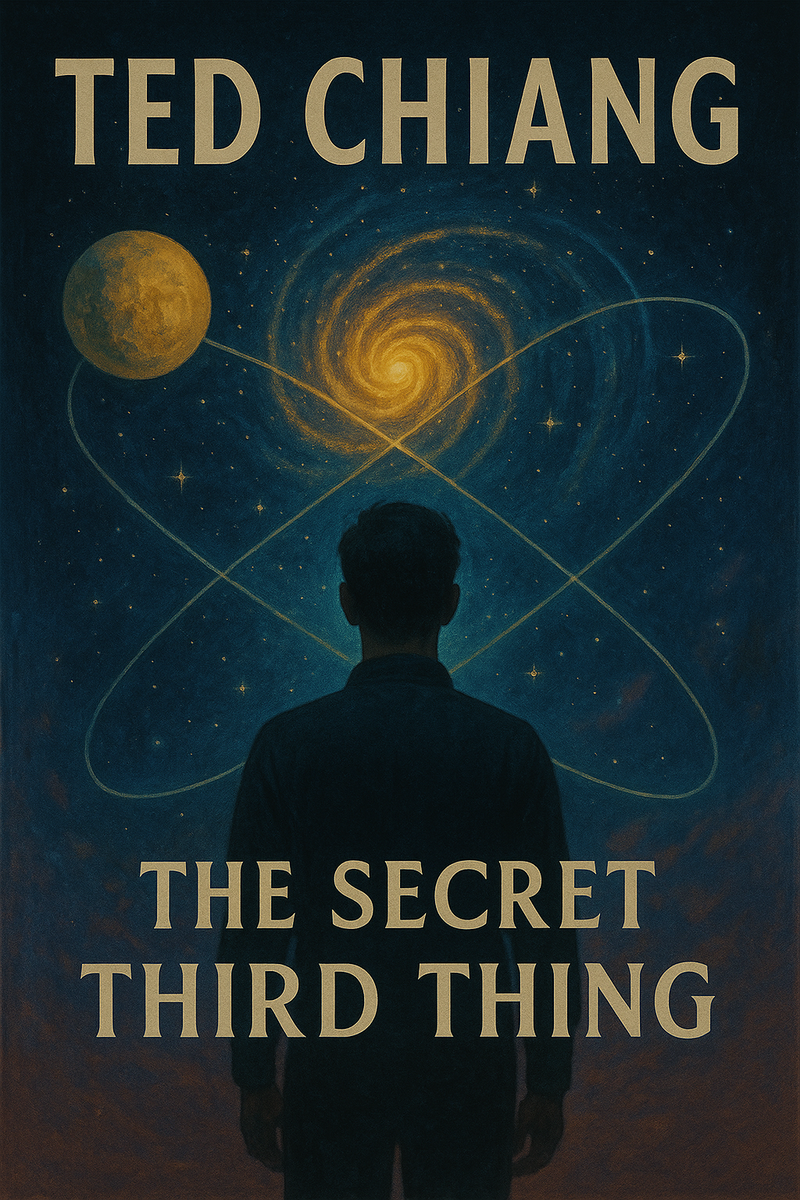 На картинке изображён писатель Тед Чианг на фоне полок с его книгами. Его спокойный и сосредоточенный образ подчёркивает серьёзность и философскую глубину его творчества. Атмосфера тёплая и интеллектуальная, отражающая уважение к автору как одному из ведущих современных фантастов.