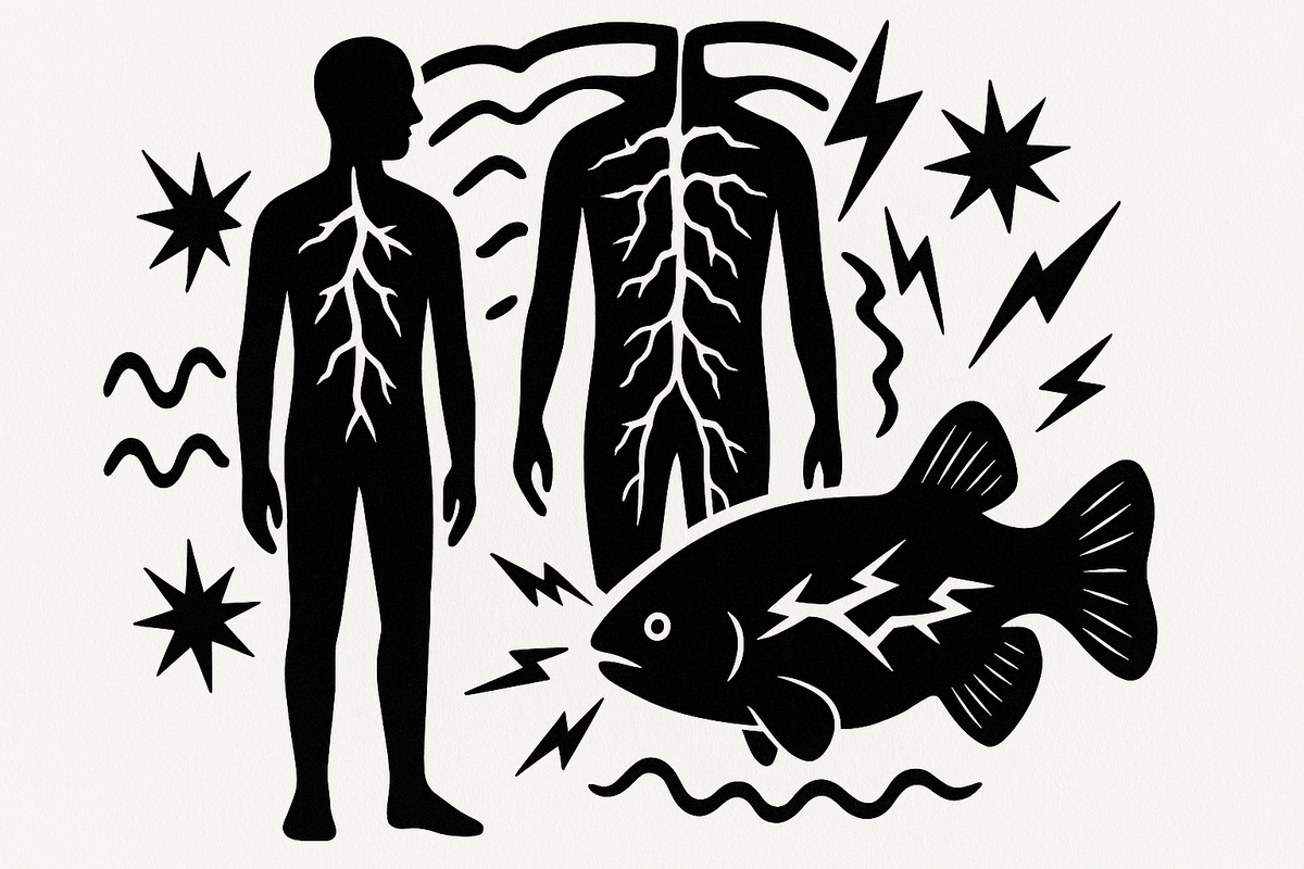 Силуэт человека и электрической рыбы, окружённые молниями и биоимпульсами — визуальный диалог природы и технологии.