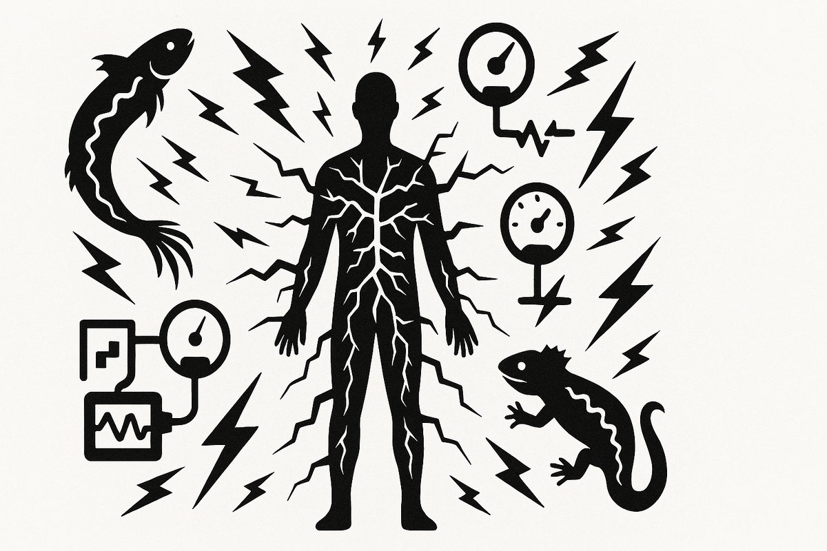 Силуэт человека, окружённого электрическими импульсами и существами, способными генерировать ток — визуальный образ биоэлектрической энергии.
