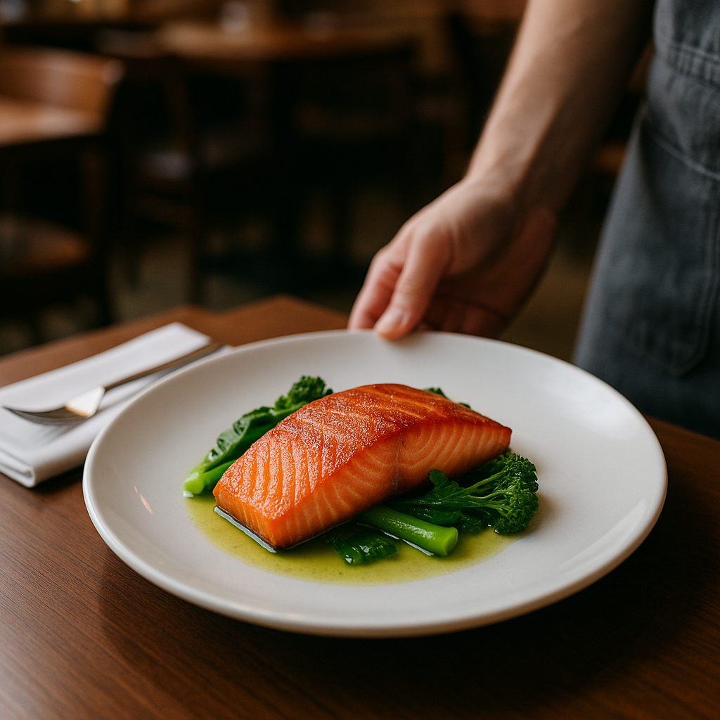 На картинке изображено изысканное блюдо с лососем, поданным на тарелке с зелёными овощами и соусом. Атмосфера ресторана подчёркивает новаторский характер события — появление лабораторно выращенного лосося в меню, как устойчивой альтернативы традиционному рыболовству.