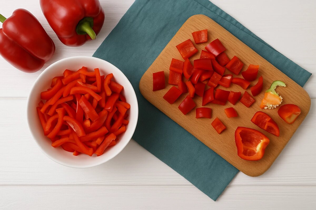 Вымойте перцы, удалите семена и нарежьте крупной соломкой или кубиками.