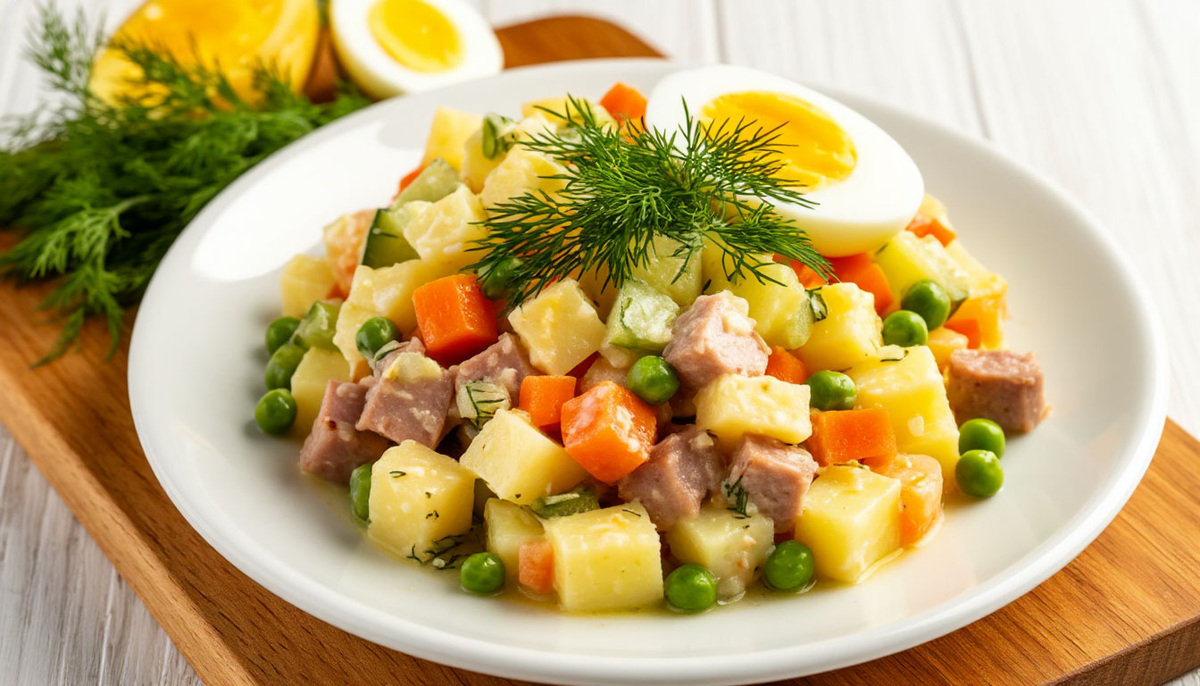 Классический салат Оливье на белой тарелке с украшениями