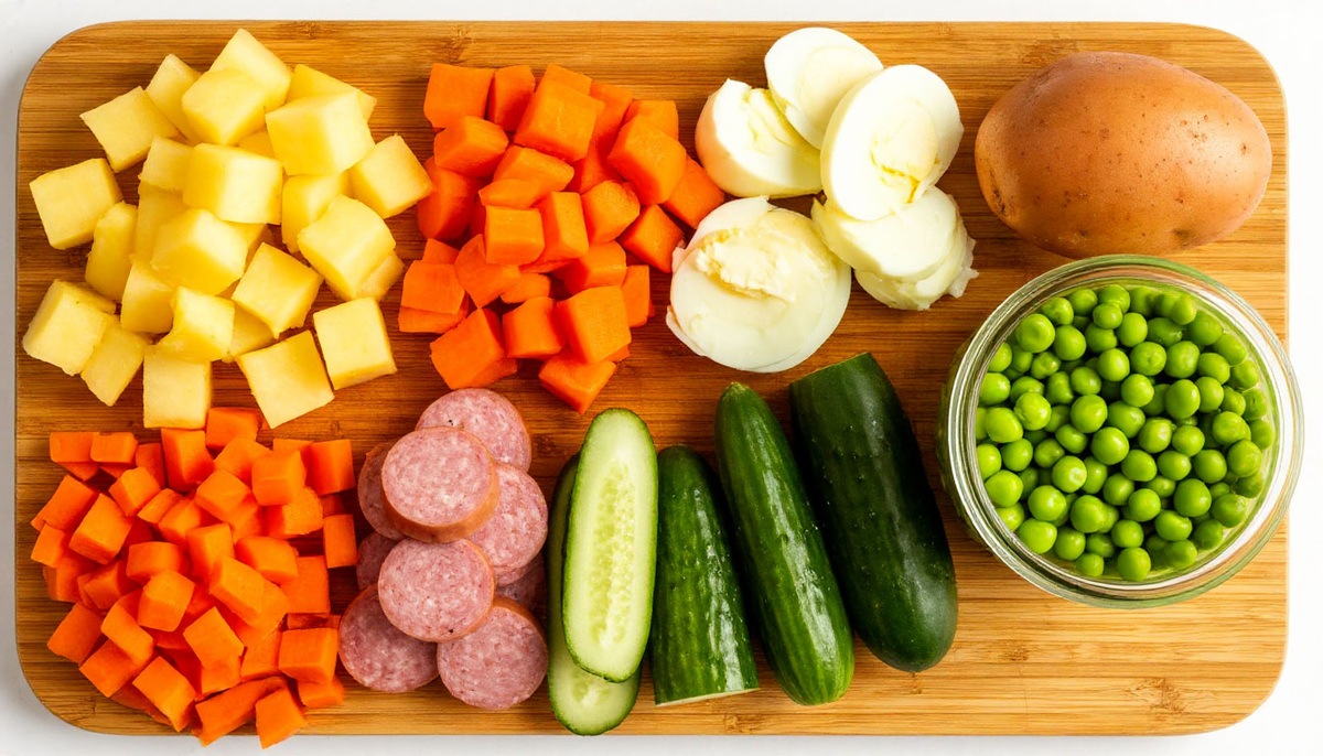 Нарезка ингредиентов для салата Оливье на деревянной доске