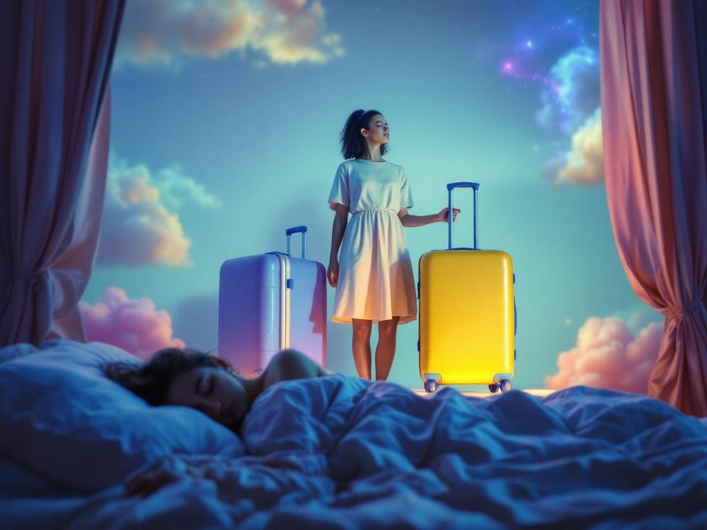    К чему такое снится: На картине будет изображена женщина, стоящая между двумя чемоданами - один сиреневого цвета, другой желтого. Фон сцены нейтральный, чтобы акцент был на чемоданах и ж