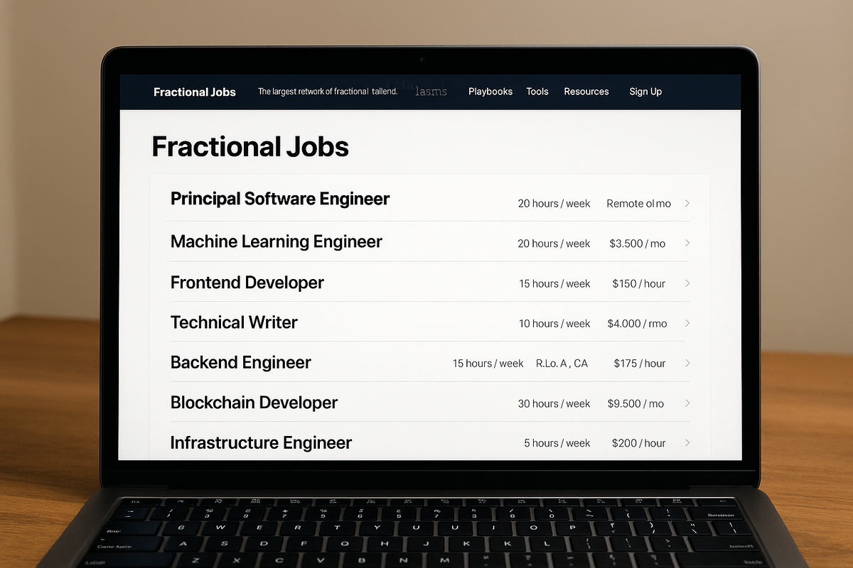 На картинке изображён ноутбук с открытым сайтом Fractional Jobs. На экране видны списки вакансий с указанием ролей, количества часов в неделю, ставки оплаты и формата работы (например, удалённо или в офисе). Атмосфера подчёркивает идею гибкой занятости для инженеров и других специалистов.