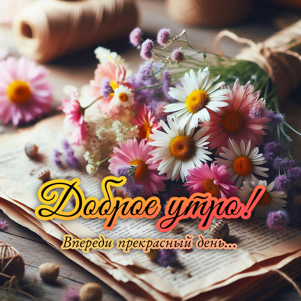 Полевые цветы аккуратно разложены на газете — лёгкая, летняя атмосфера раннего утра.