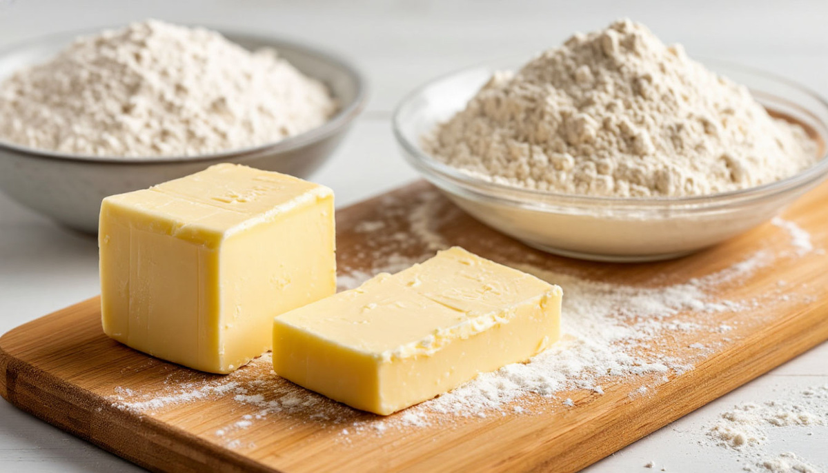 Приготовление теста для курника – натирание масла с мукой на деревянной доске