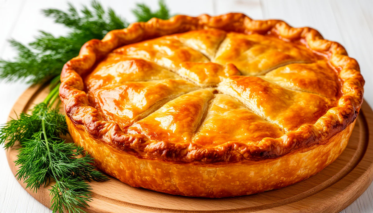 Ароматный домашний курник с курицей, грибами и кашей на деревянной доске