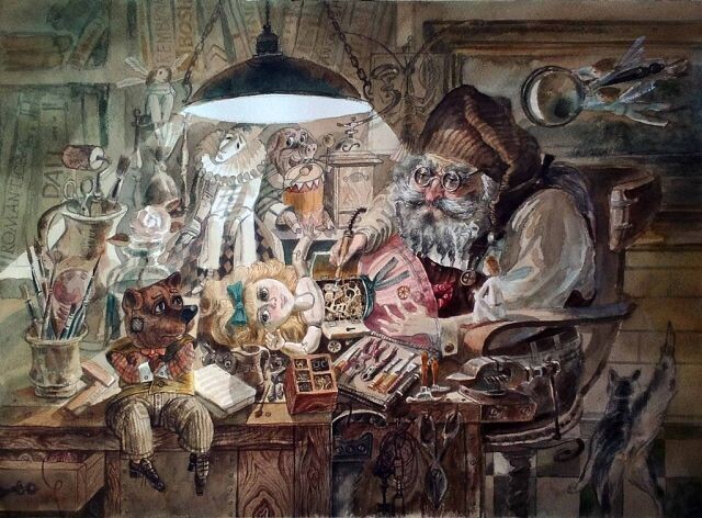 © Владимир Богатырев. Название не определено, но судя по всему тот же персонаж за настройкой механических кукол. – М.Л. 