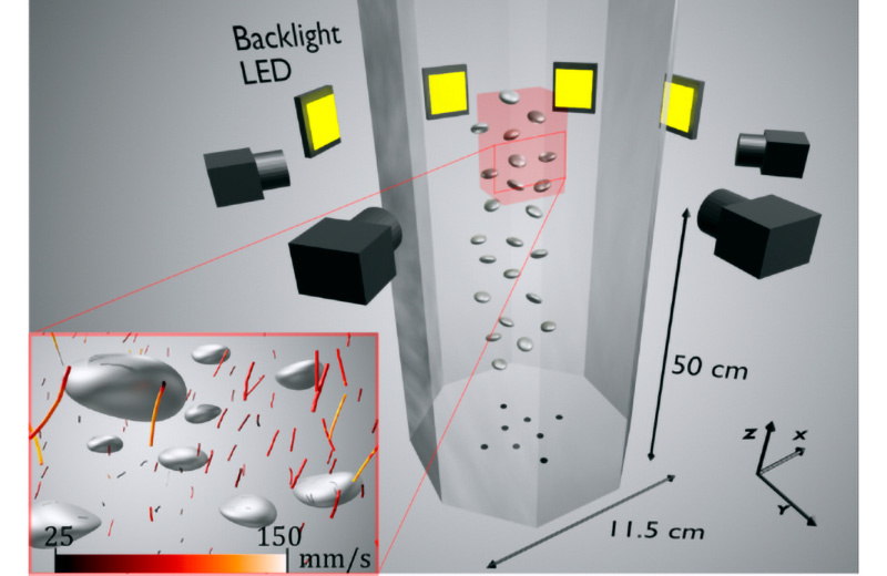 Эскиз восьмиугольной барботажной колонны, используемой в экспериментах (обратите внимание, что в реальном эксперименте количество пузырьков в колонне равно 𝑂⁡(103)и приблизительно от 50 до 100 пузырьков отслеживаются в поле зрения). Вставка: образец реконструированных трехмерных (3D) треков трассеров вокруг нескольких пузырьков в один момент времени в случае Sm; мгновенная вертикальная скорость трассеров обозначена цветом.