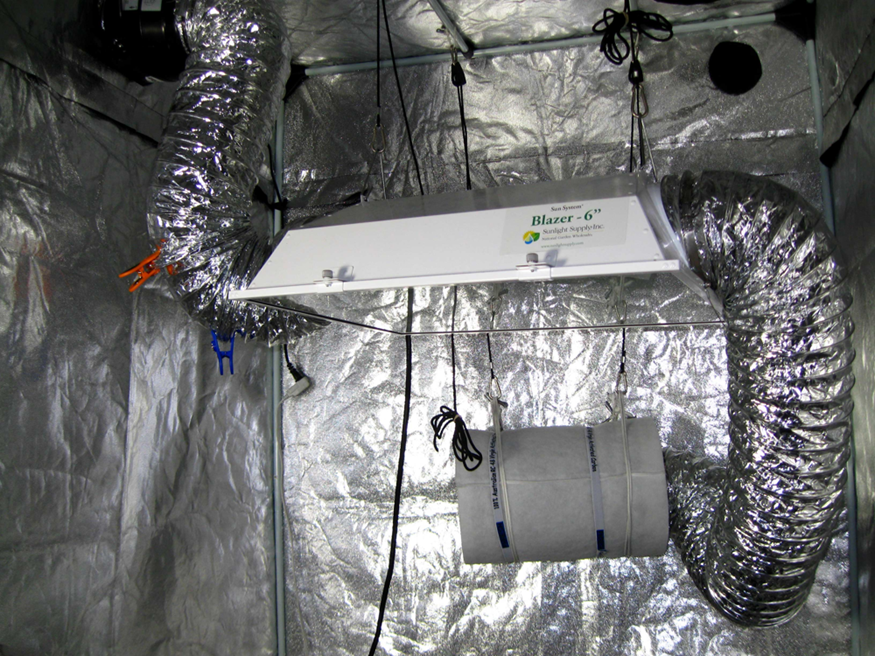 Пример установки с фитолампой в «гроутенте». Такой свет обеспечивает растениям необходимую для фотосинтеза энергию даже без солнечного света.