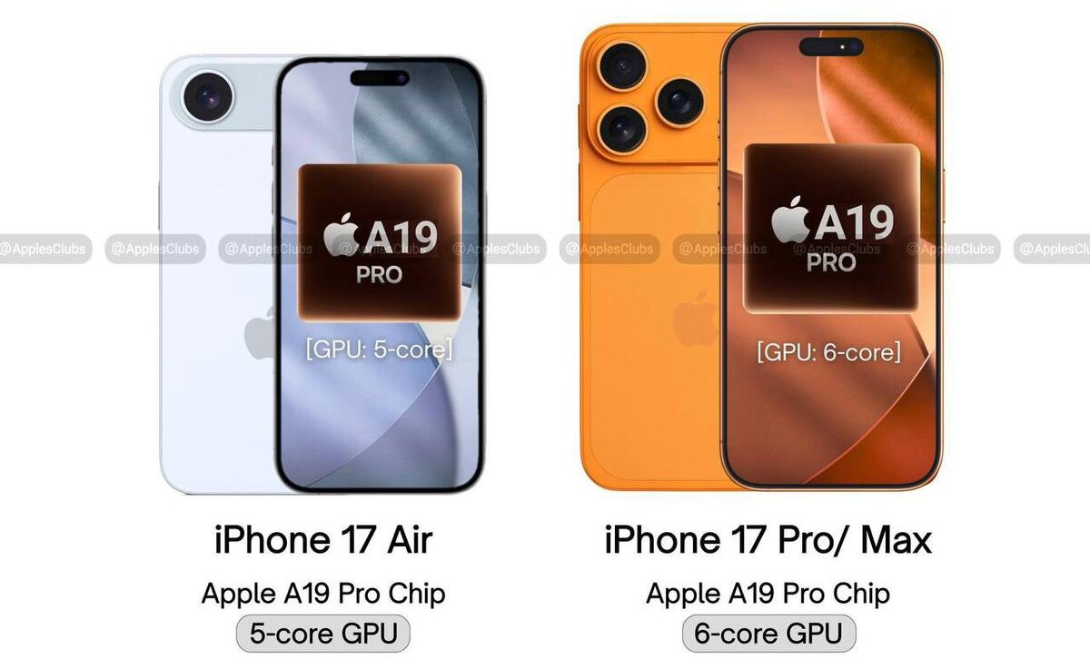 На изображении показано сравнение двух моделей будущей линейки iPhone 17 — iPhone 17 Air и iPhone 17 Pro/Max.