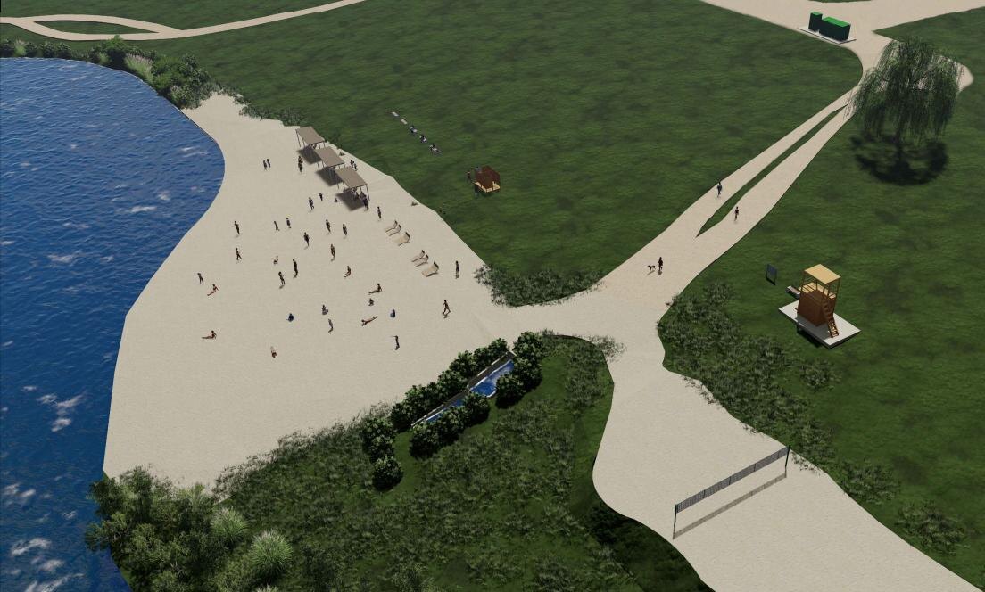    На территории установят шезлонги, пляжные раздевалки, площадку с вышкой, а также волейбольную площадку