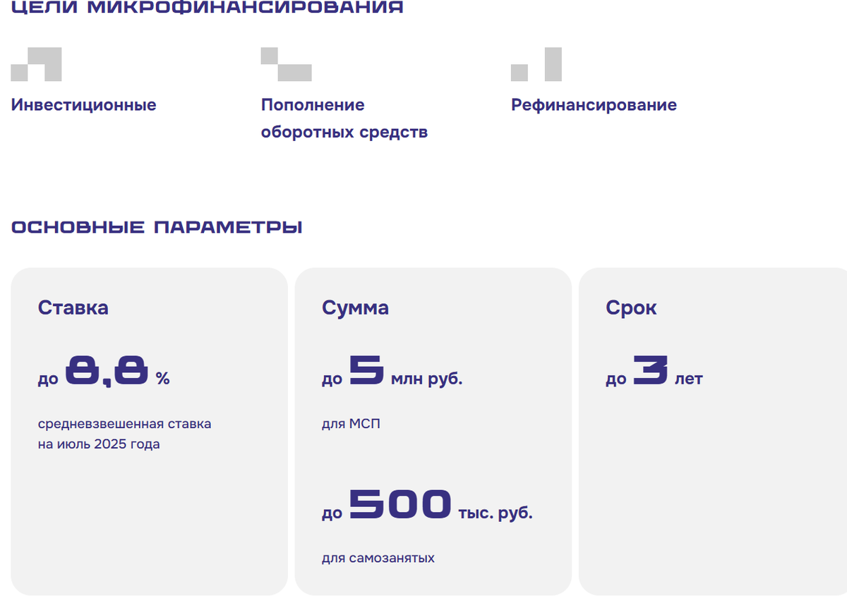Пример одной из мер поддержки Корпорации МСП — льготные микрозаймы от государства с условиями кредитования. (Источник: https://corpmsp.ru/)