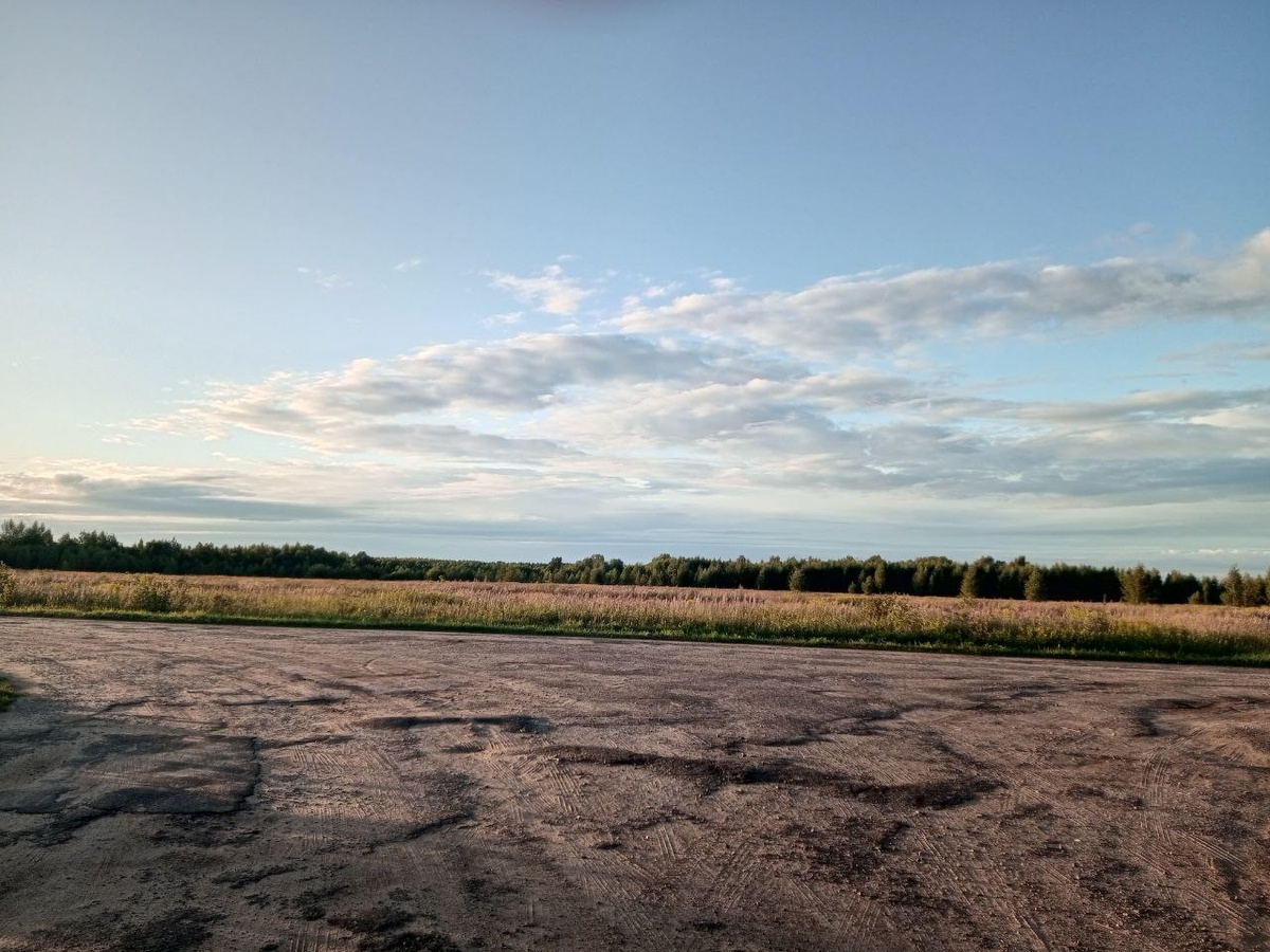 Кусок совсем разбитой дороги рядом с полем