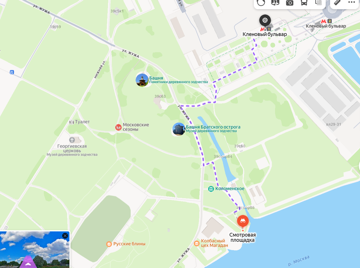 Пешеходный маршрут от выхода станции Кленовый бульвар до начала набережной и свадебного павильона