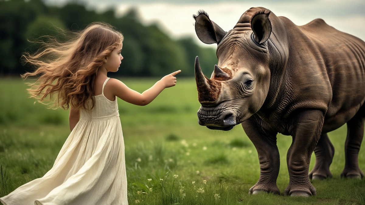 Картинка сгенерирована через Шедеврум. Девочка и носорог.