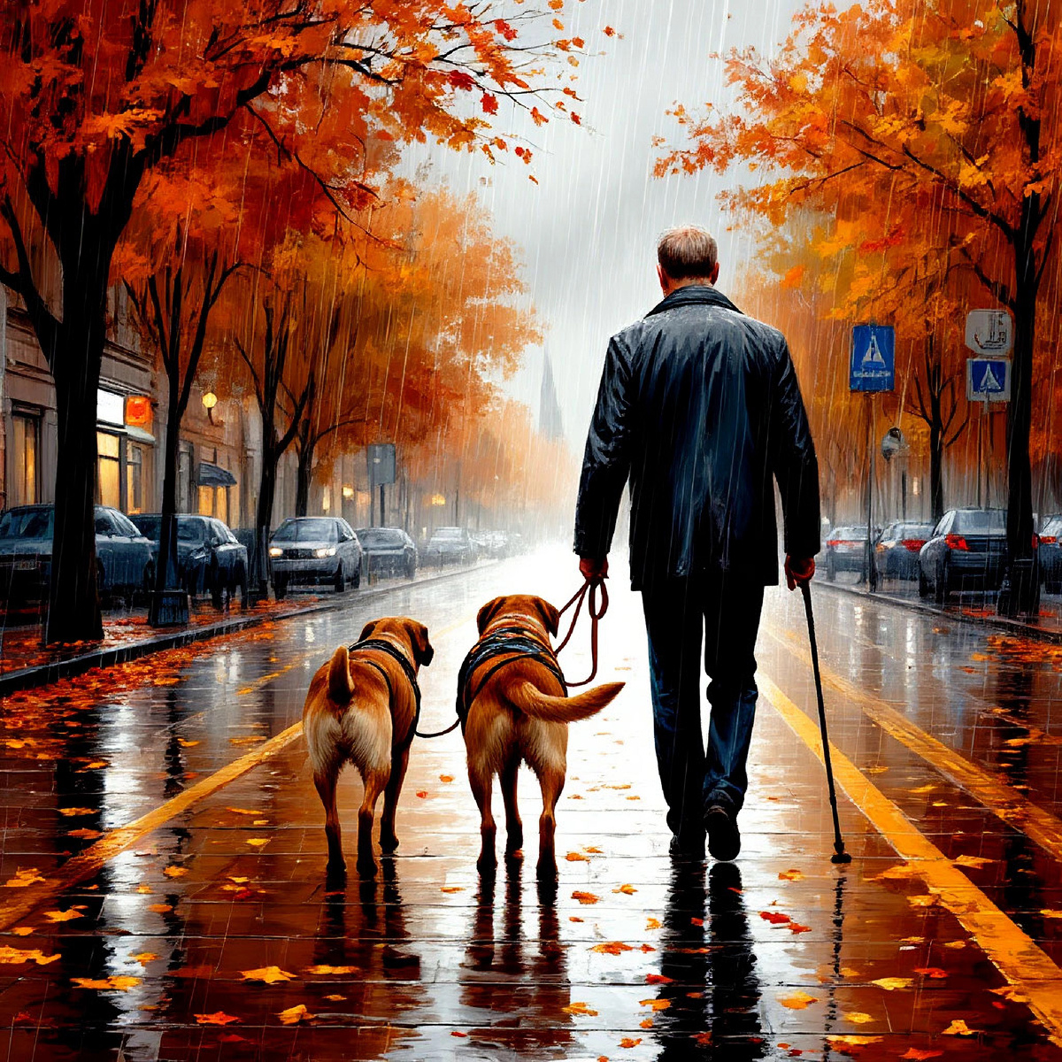 Стилизованная картинка: человек и собака-поводырь