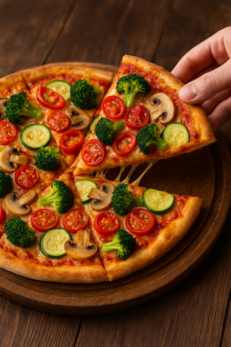 Рука берёт кусок овощной пиццы с сыром и свежими овощами