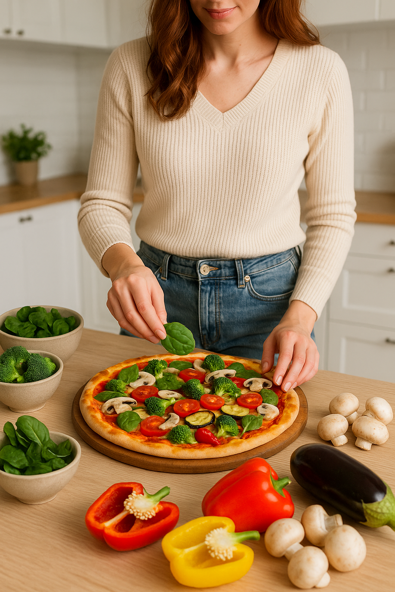 Женщина готовит домашнюю овощную пиццу с брокколи, шпинатом, перцами, грибами и кабачками
