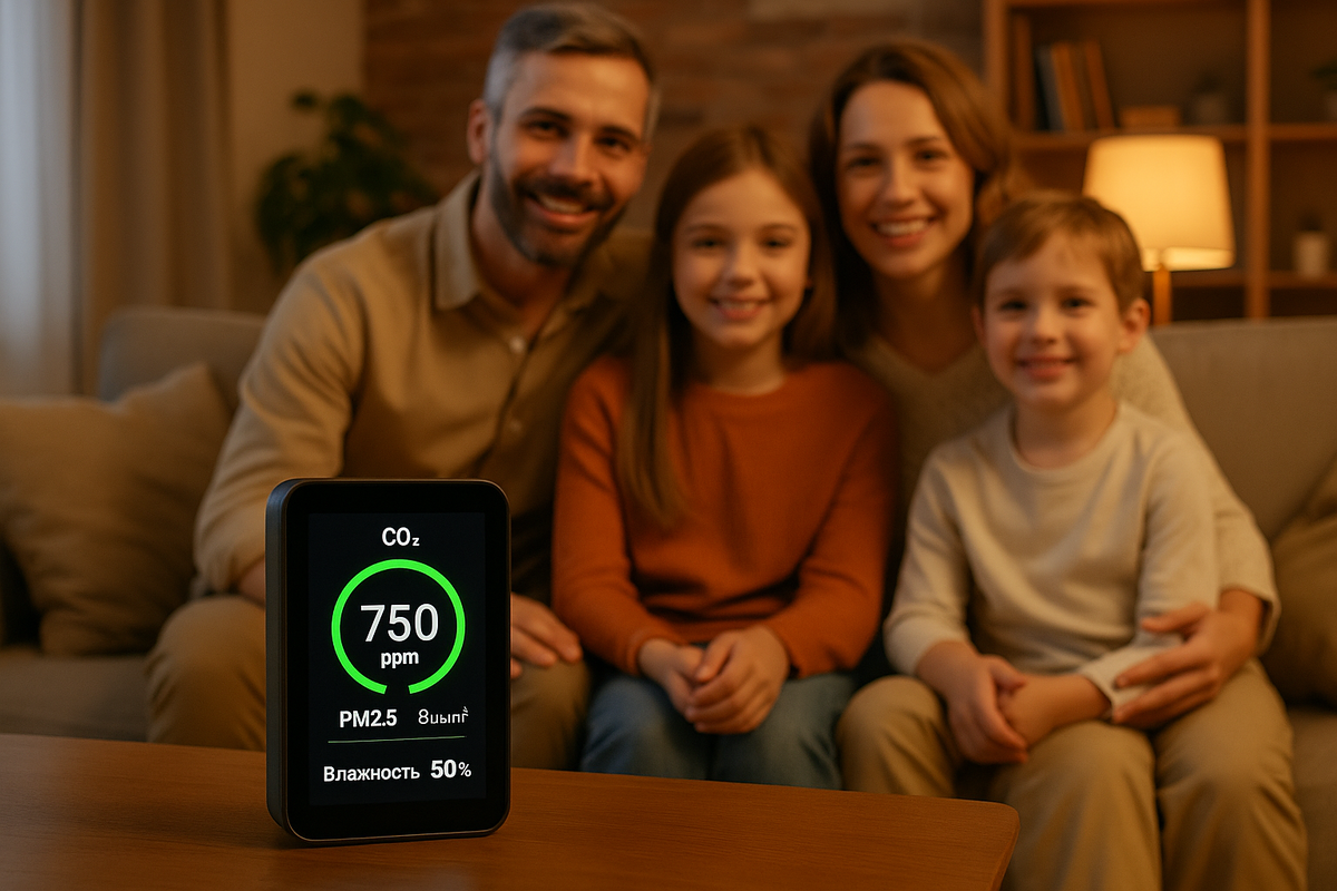 Семья в гостиной с датчиком качества воздуха