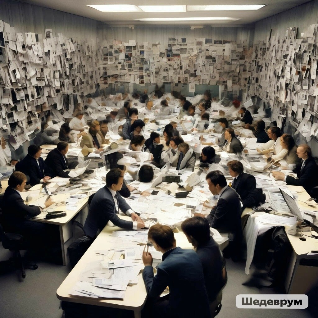 Примерно так, как мне кажется, "работают" бюрократы-электрики, если путаются во всех делах... Картинка "Бардак в офисе" сгенерирован приложением Шедеврум