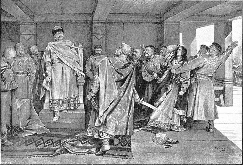 Галицкие бояре тащат на костёр попадью-колдунью, любимицу князя Ярослава Осмомысла. Картина Клавдия Лебедева