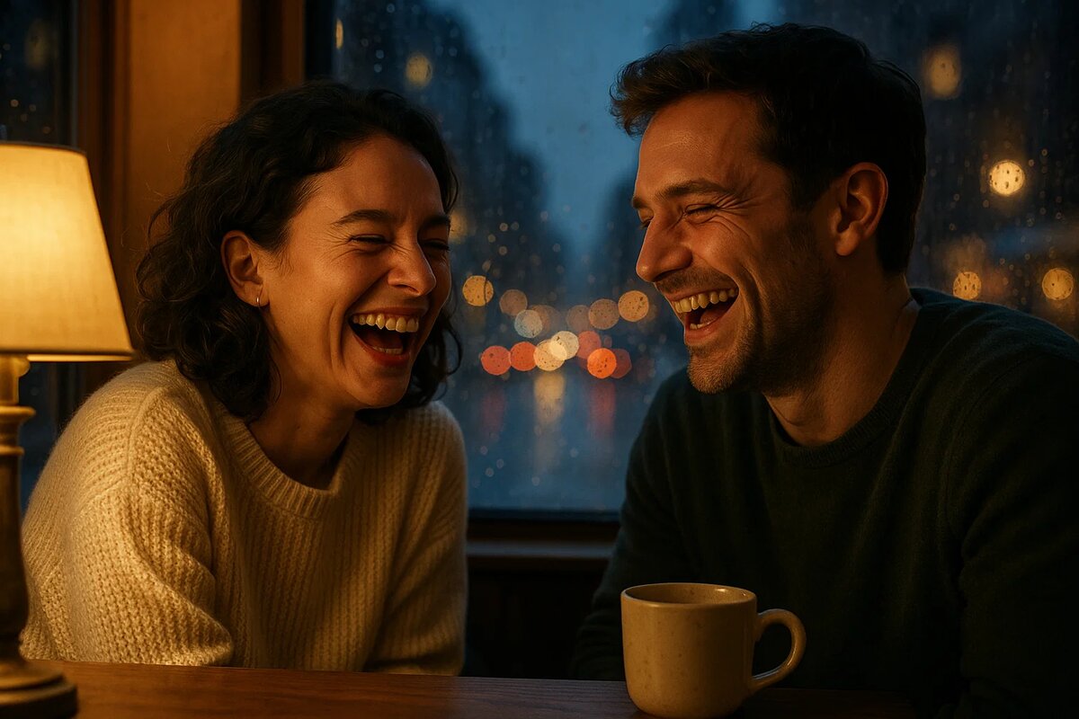 Двое людей сидят в кафе и смеются