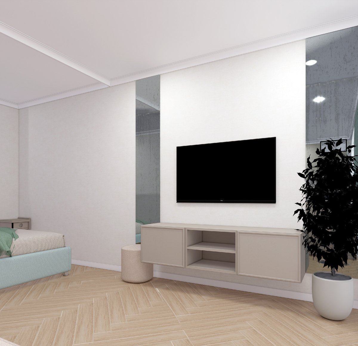 зеркальные полотна в маленькой гостинной зоне