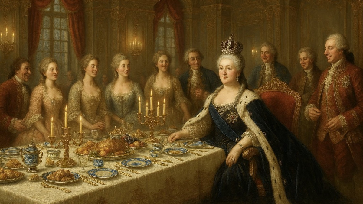 В иллюстративных целях. Аристократический ужин эпохи Екатерины Великой, с самой Екатериной Великой за столом