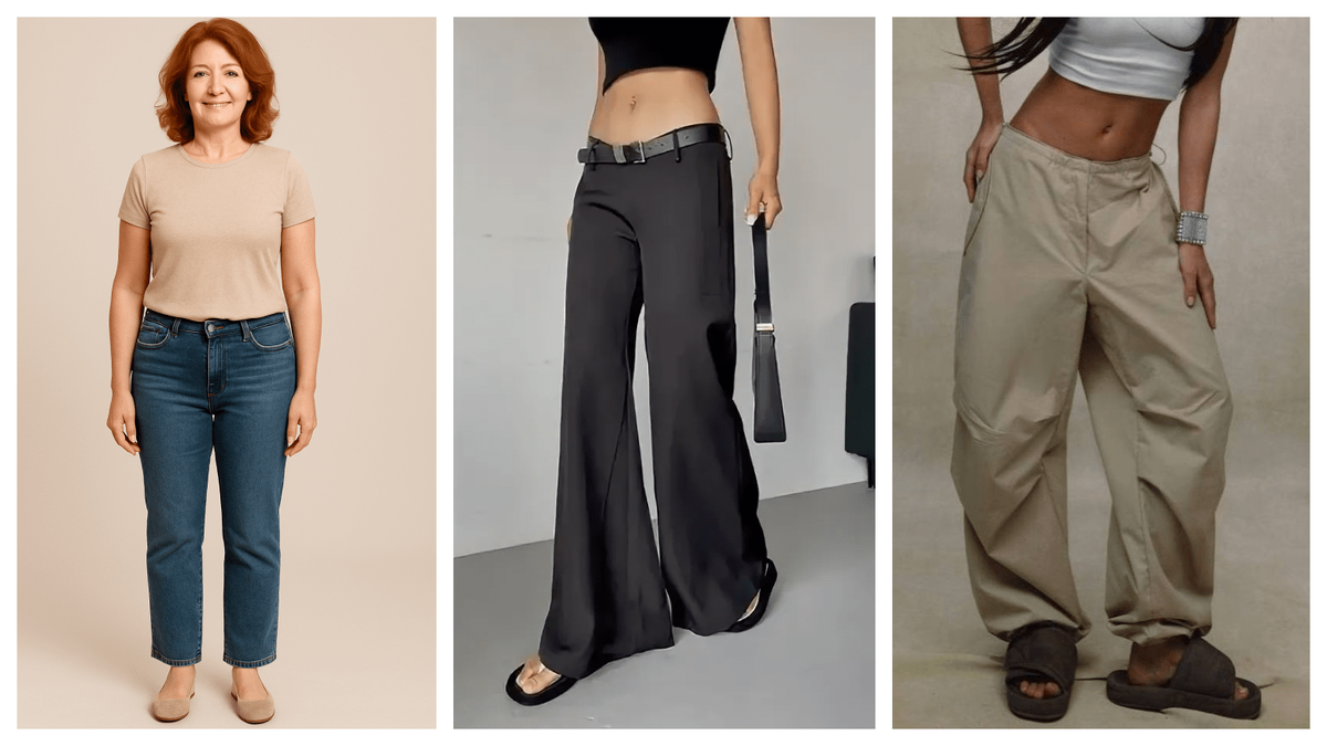 Низкая линия талии буквально опускает фигуру и укорачивает ноги. Средняя и высокая посадка возвращают пропорции, а почти полная длина даёт гладкую вертикаль. Понятно, что дамы 50+ не носят открытый живот, но даже в закрытых вещах низкая талия портит пропорции.