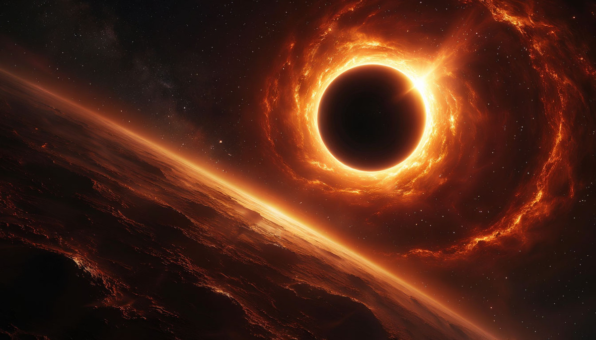 Изображение показывает теоретическую визуализацию черной дыры, искажающей пространство-время вокруг себя. В центре виден темный круг – тень черной дыры, область, из которой не может вырваться даже свет. Вокруг этой тени располагается яркое кольцо света, образованное фотонами, которые огибают черную дыру по искривленным траекториям.