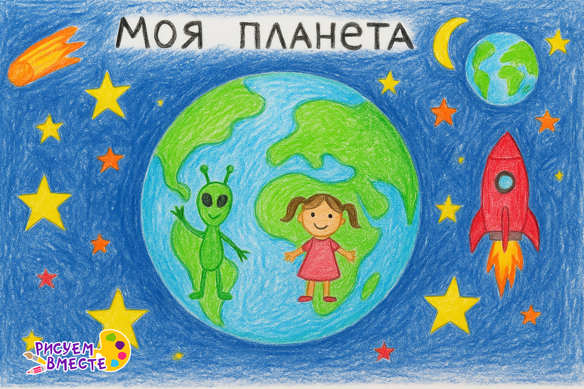 Детский рисунок «Моя планета» – воображаемый мир с девочкой, инопланетянином и ракетой