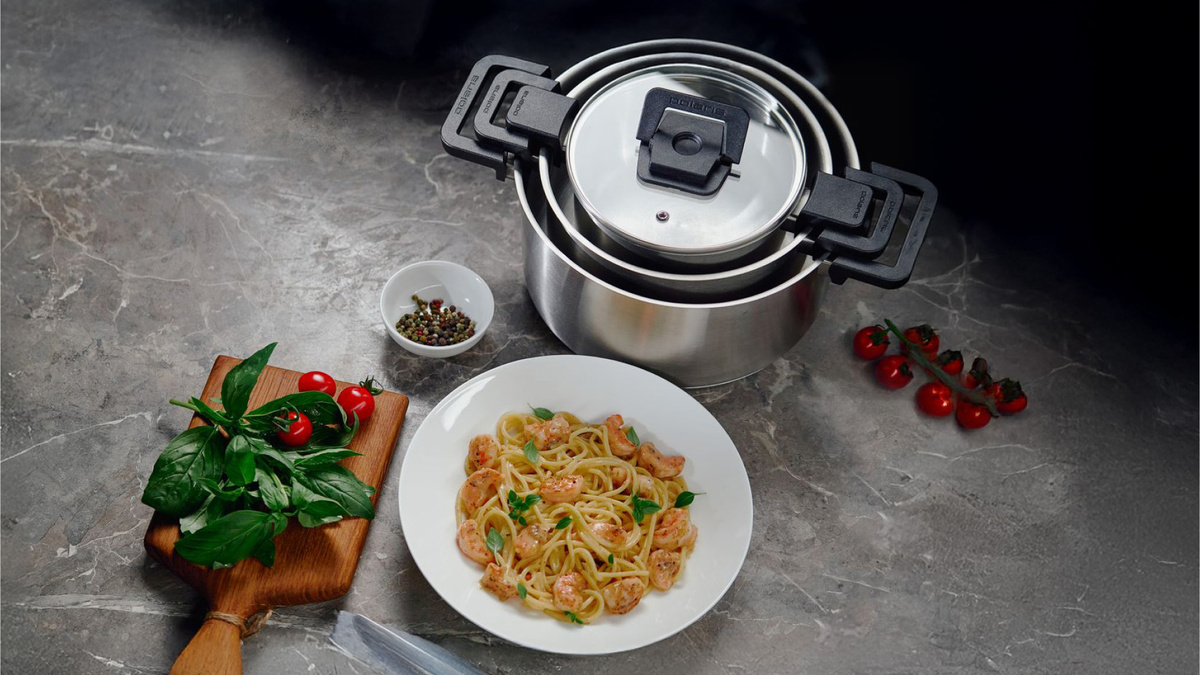 Набор кастрюль компактного хранения из нержавеющей стали с крышками Fold&Keep-6S.